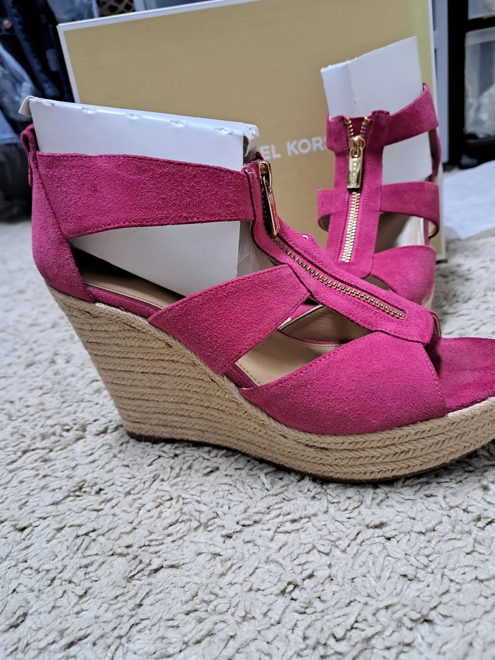 Michael Kors Demita Suede Wedge Sandals with Gold Zip Detail